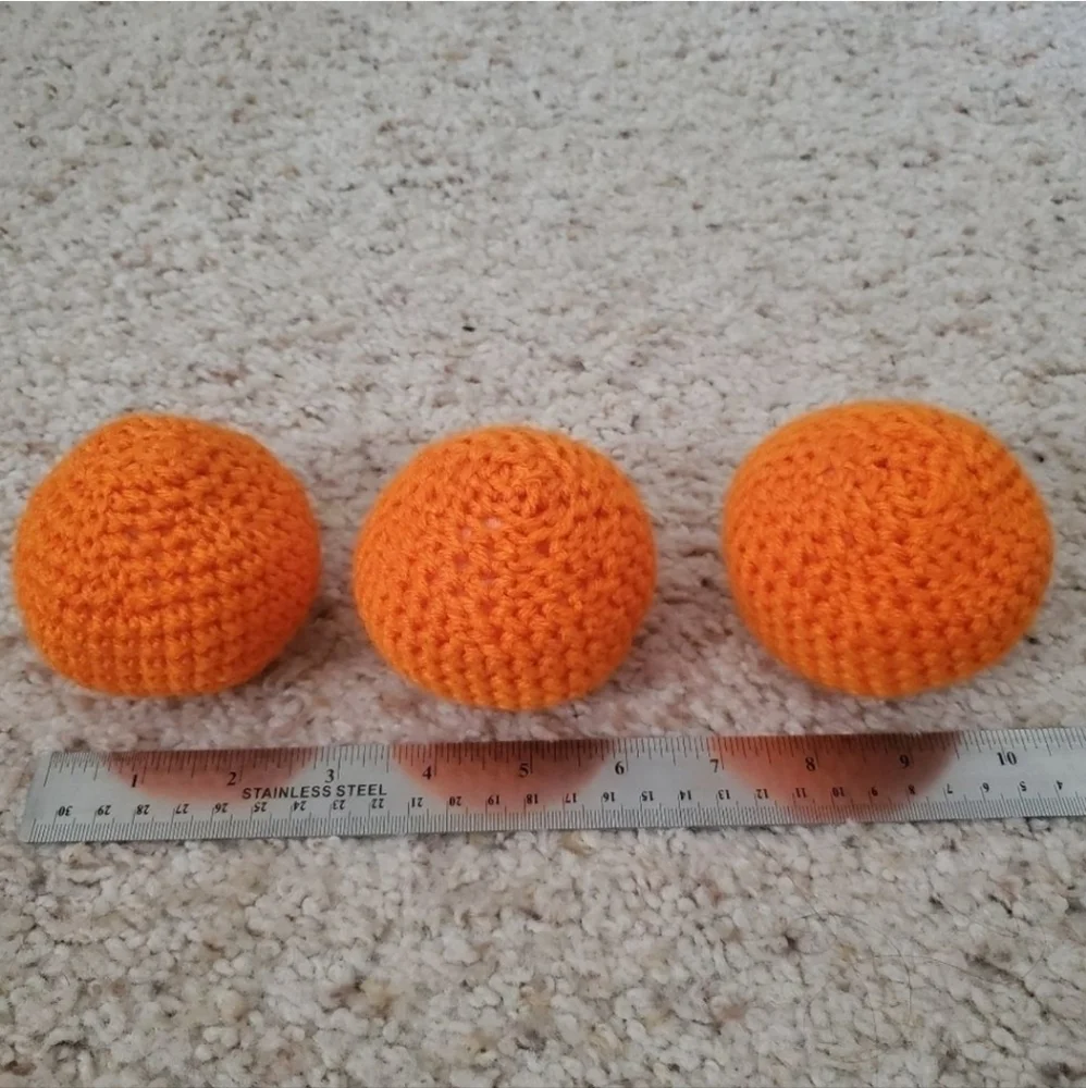 3 non squeaky balls. Homemade no pop crochet balls for toddlers, puppy, cats